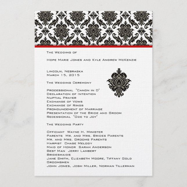 Black Damask On White  Red Trim Wedding Program (Front)