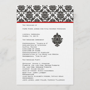 Black Damask On White  Red Trim Wedding Program