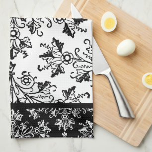 Black Damask on White with Revers Color Border Kitchen Towel