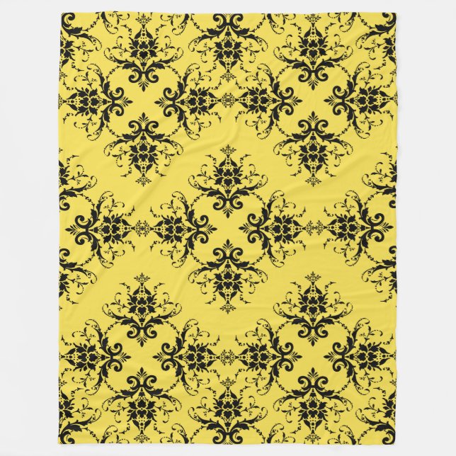 Black Damask on Yellow Vintage Pattern Fleece Blanket (Front)