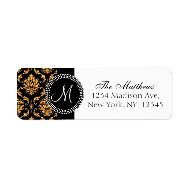 Black Damask Orange Glitter Printed Monogram Label (Front)