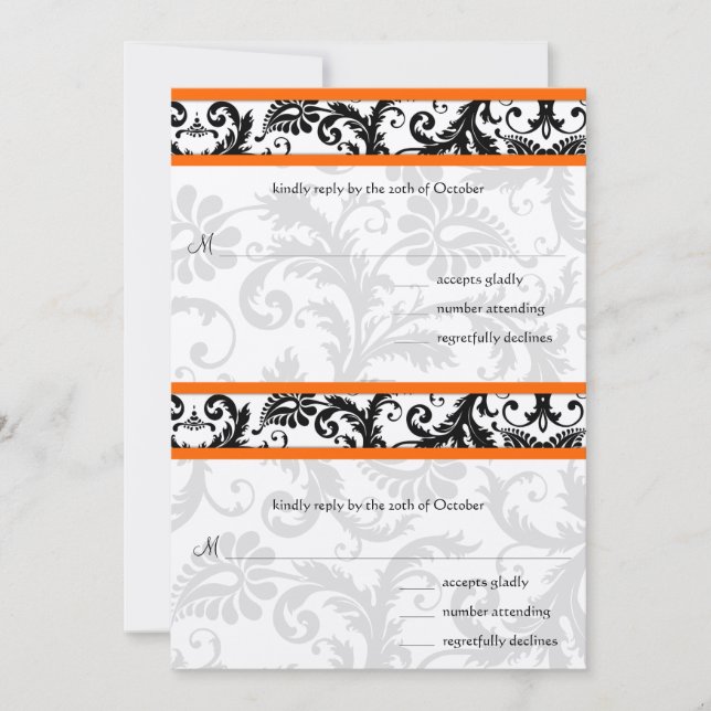 Black Damask Orange Trim RSVP Wedding Invitation (Front)