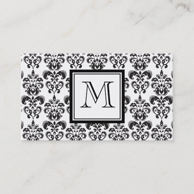 Black Damask Pattern 2 with Your Monogram Business Card (Front)