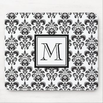 Black Damask Pattern 2 With Your Monogram Mouse Pad by GraphicsByMimi at Zazzle