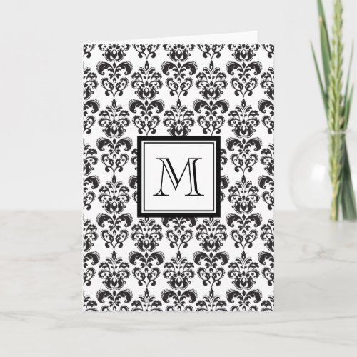 Black Damask Pattern 2 with Your Monogram Note Card