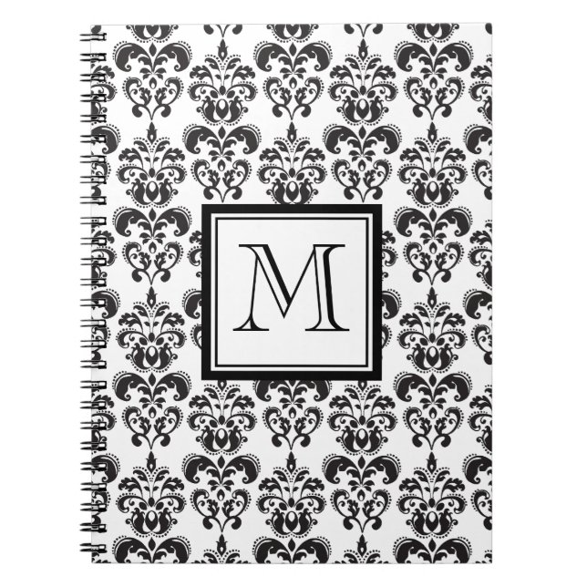Black Damask Pattern 2 with Your Monogram Notebook (Front)