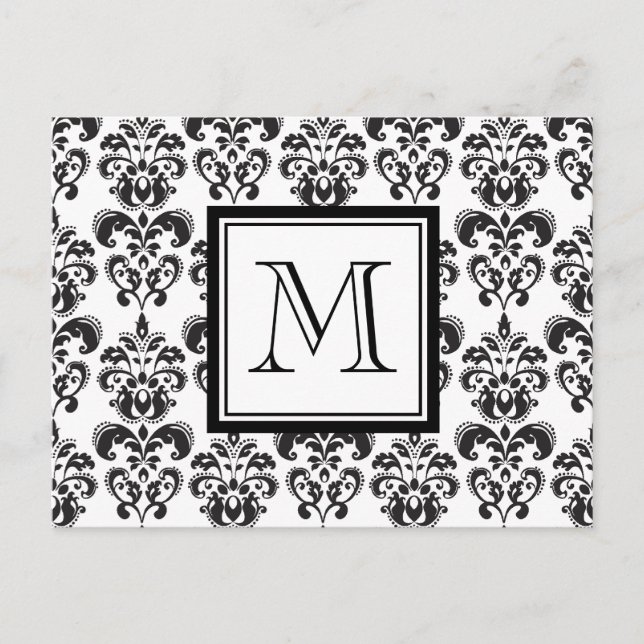 Black Damask Pattern 2 with Your Monogram Postcard (Front)