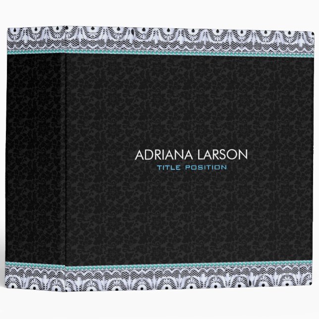 Black Damask Pattern And White Lace 3 Ring Binder (Front/Spine)