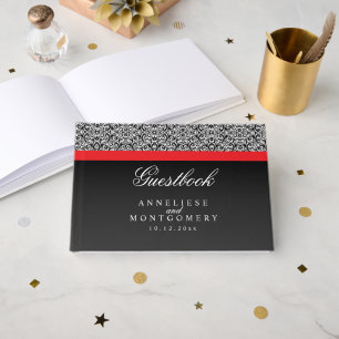 Black Damask Pattern on Black and Red Stripe Guest Book