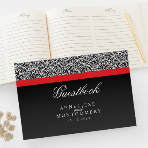 Black Damask Pattern on Black and Red Stripe Guest Book