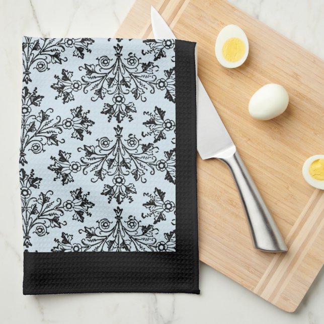 Black Damask Pattern on Gray Kitchen Towel (Quarter Fold)