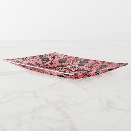 Black Damask Pattern on Red Iridescent Texture Trinket Tray