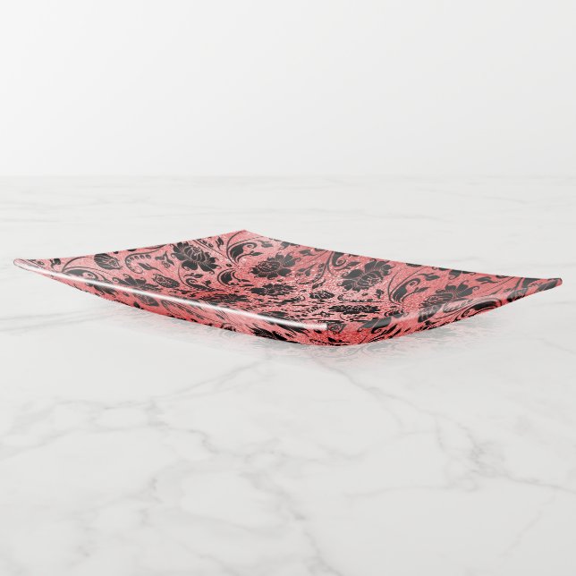 Black Damask Pattern on Red Iridescent Texture Trinket Tray (Angled)