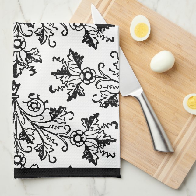 Black Damask Pattern on White Kitchen Towel (Quarter Fold)