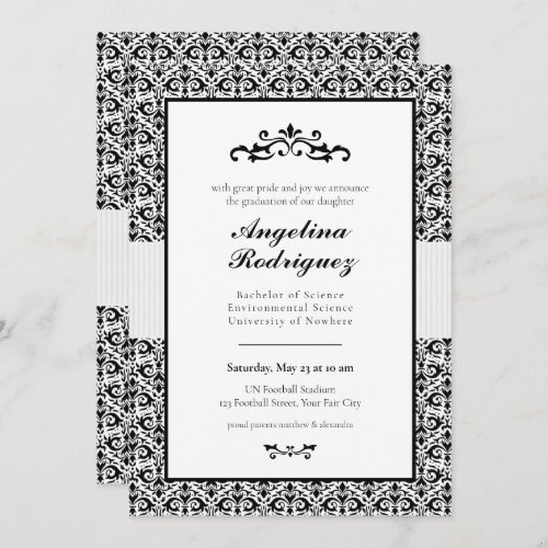 Black Damask Pattern Photo Graduation Invitation