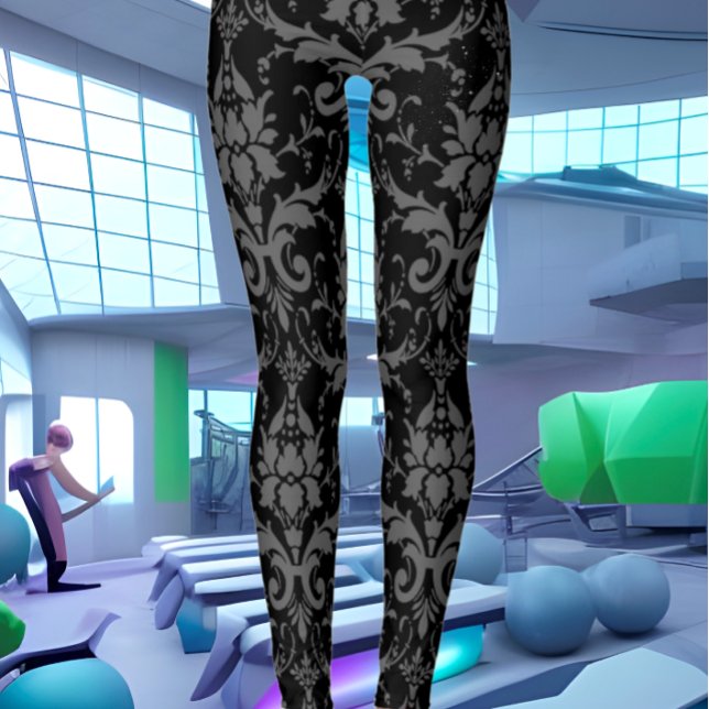 Black Damask Pattern Women's Workout Leggings (Creator Uploaded)
