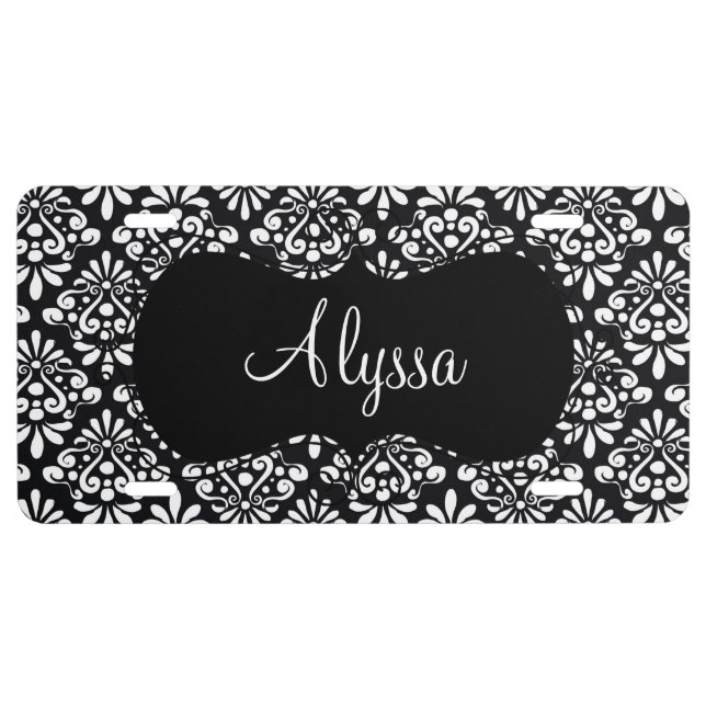 Black Damask Personalized License Plate (Front)