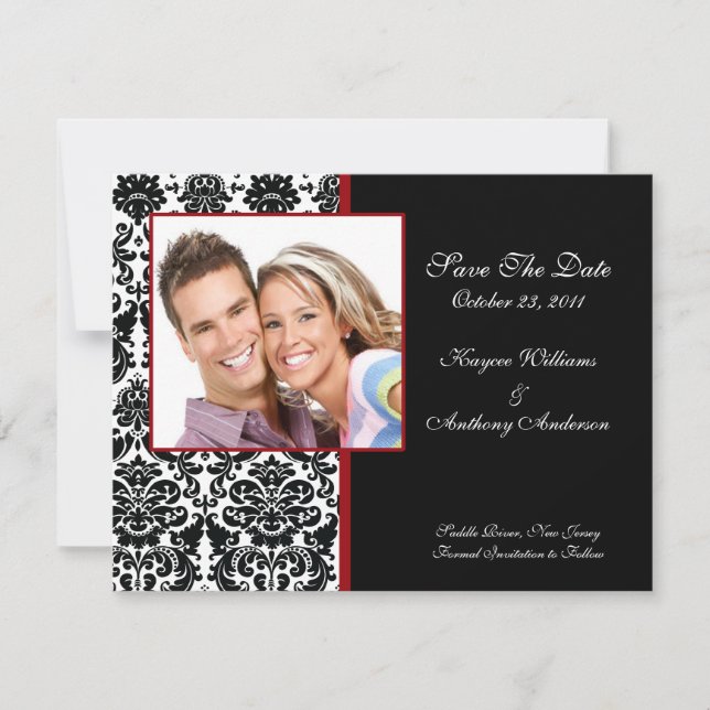 Black Damask Photo Save The Date Announcement (Front)
