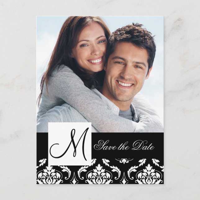 Black Damask Photo Save the Date Postcard (Front)