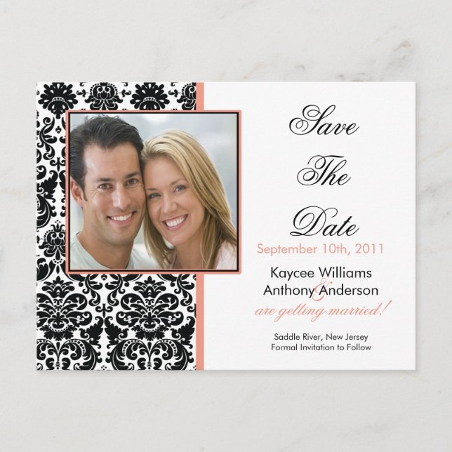 Black Damask Photo Save The Date POSTCARD! Announcement Postcard (Front)