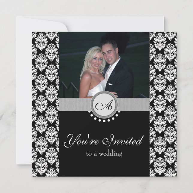 Black Damask Photo Wedding Invitation (Front)