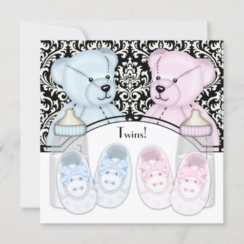 Black Damask Pink Blue Teddy Bear Twin Baby Shower Invitation