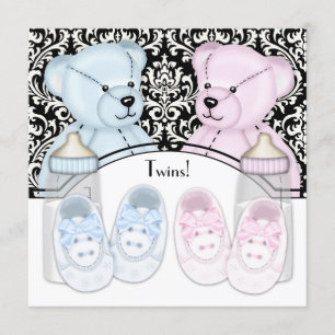 Black Damask Pink Blue Teddy Bear Twin Baby Shower Invitation