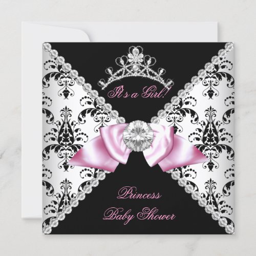 Black Damask Pink Bow Princess Baby Shower Diamond Invitation