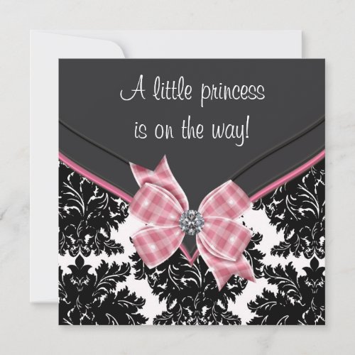 Black Damask Pink Bow Princess Baby Shower Invitation