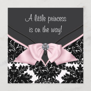 Black Damask Pink Bow Princess Baby Shower Invitation
