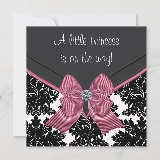 Black Damask Pink Bow Princess Baby Shower Invitation (Front)