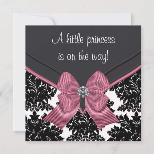 Black Damask Pink Bow Princess Baby Shower Invitation