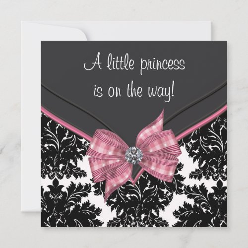 Black Damask Pink Bow Princess Baby Shower Invitation