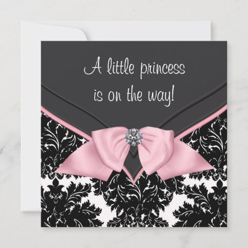 Black Damask Pink Bow Princess Baby Shower Invitation