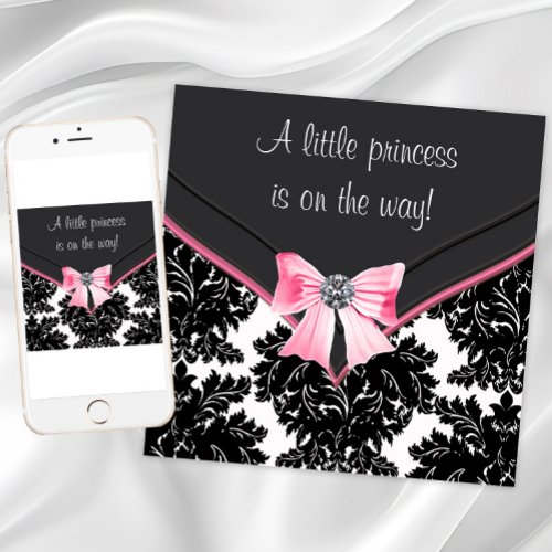 Black Damask Pink Bow Princess Baby Shower Invitation