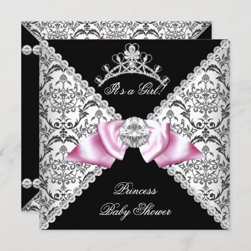 Black Damask Pink Bow Princess Baby Shower Pink Invitation