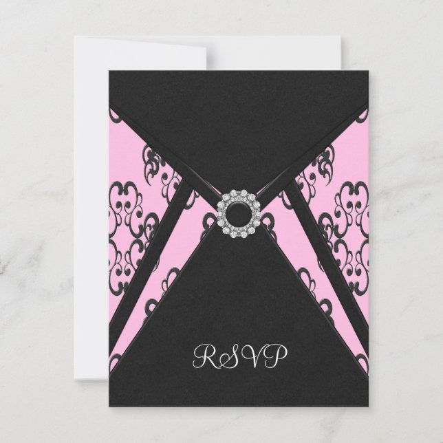 Black Damask Pink Elegant Black RSVP (Front)