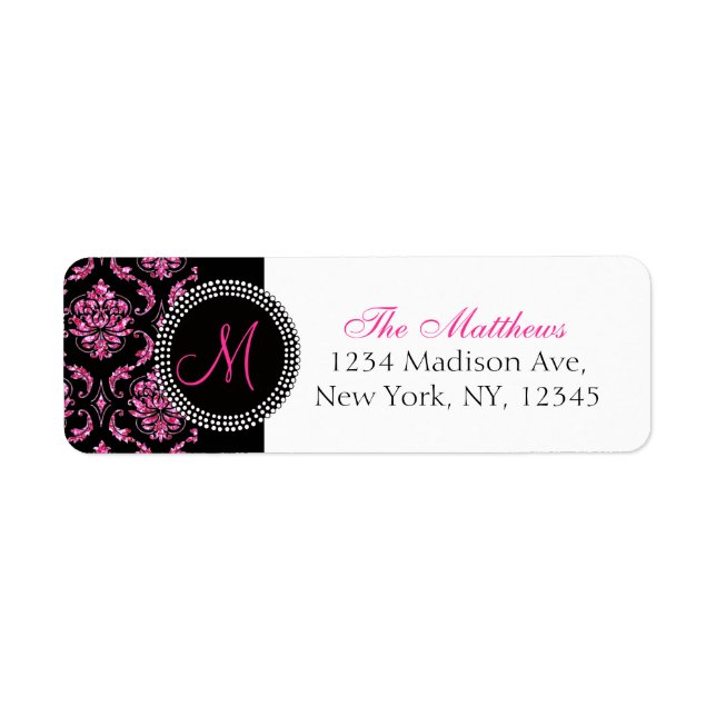 Black Damask Pink Glitter Monogram Label (Front)