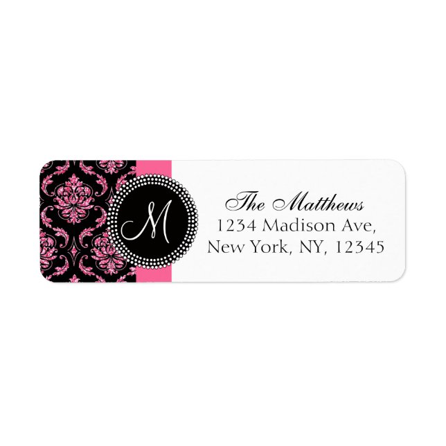 Black Damask Pink Glitter Printed Monogram Label (Front)