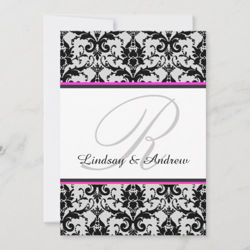 Black Damask Pink Gray Monogram Wedding Invitation
