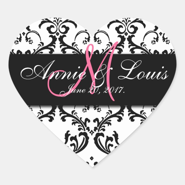 Black Damask Pink Initial Wedding Favor Heart Sticker (Front)