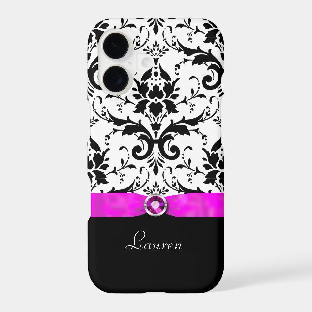 Black Damask Pink Jewel Personalized Case-Mate iPhone Case (Back)