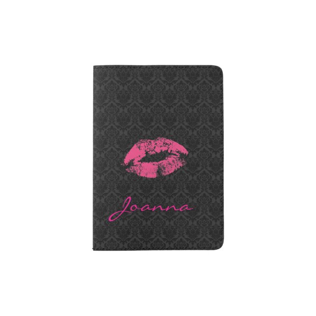Black Damask Pink Lips Passport Holder (Front)