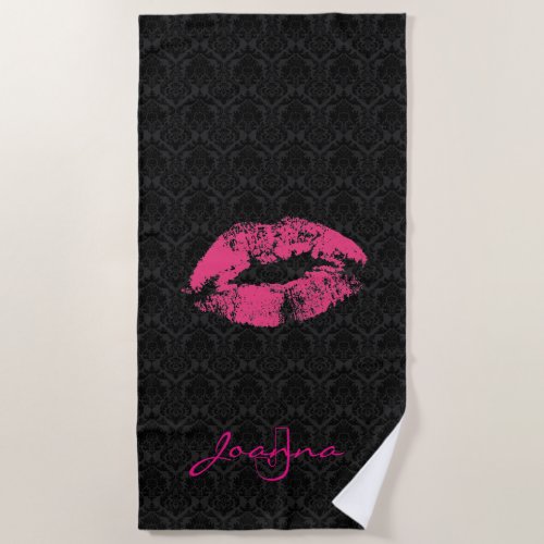 Black Damask Pink Lips With Monogram Beach Towel