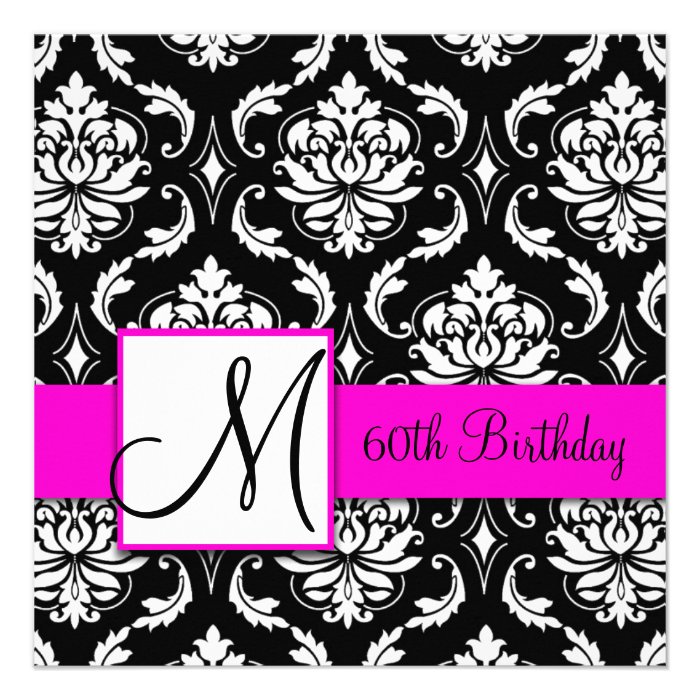 Black Damask Pink Monogram 60th Birthday Invite