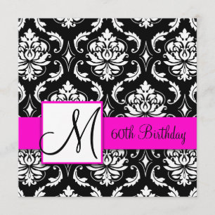 Black Damask Pink Monogram 60th Birthday Invite