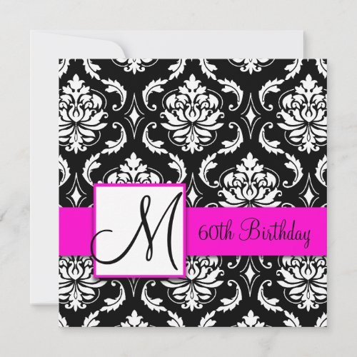 Black Damask Pink Monogram 60th Birthday Invite
