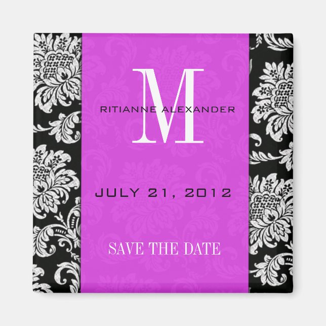 Black Damask Plum Monogram Save The Date Magnet (Front)