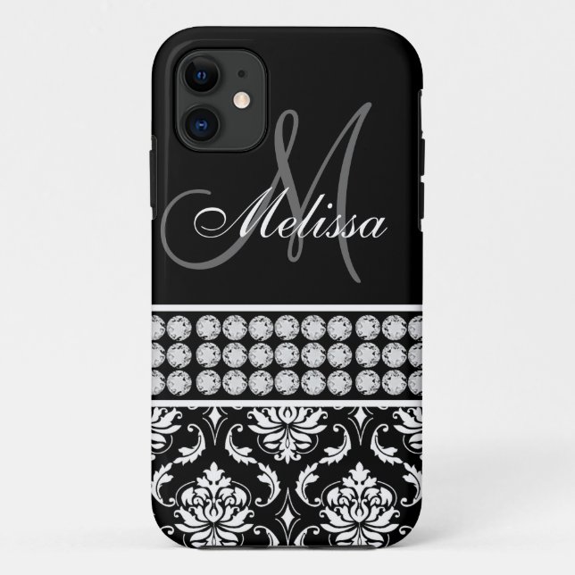 Black Damask Printed Diamonds Personalized Case-Mate iPhone Case (Back)