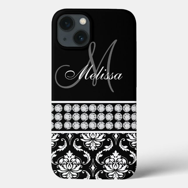 Black Damask Printed Diamonds Personalized Case-Mate iPhone Case (Back)